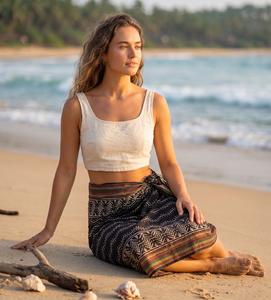 Hand Block Print With Zari Border <b>Sarong</b> Boho Swim Cover Up Indian Pareo Summer Bikini <b>Wrap</b> Skirt Lightweight Travel Scarf - Product Image 1