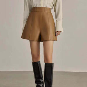 Women's <b>Black</b> Genuine <b>Leather</b> <b>High</b> <b>Waist</b> <b>Shorts</b> Zipper Fly Breathable Elegant Style Regular Fit Solid Color Pleuche Belt - Product Image 6