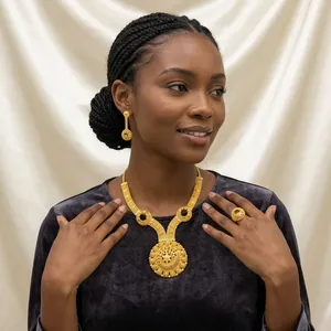 Conjunto de Collar y Aretes con Baño de Oro de 24K para Mujer, Diseño Circular, Joyería de Boda, Estilo Africano de Lujo - Product Image 3