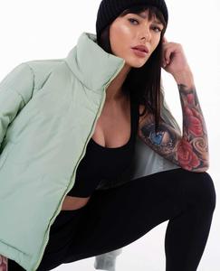 Top <b>Women's</b> <b>Light</b> Green Quilted Puffer Jacket Stand Collar Full Sleeve Zipper Closure Winter <b>Coat</b> Solid Color Puff Sleeve Design - Product Image 5
