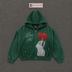 เสื้อฮู้ดซิปผู้ชายสีเขียวแบบกำหนดเอง พิมพ์ลายหัวใจ Love Me ผ้าฟลีซลำลองสำหรับฤดูหนาว สไตล์โมเดิร์นสตรีทแวร์ ทรงโอเวอร์ไซส์ ปักลาย 100% - Product Image 5
