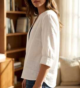 Blusa de Lino para Mujer, Cuello en V, Estilo Casual, Holgada, Minimalista, Túnica de Lino de Verano, Manga Larga, Ligera - Product Image 2