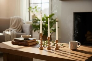 Wooden Candle Holder Set of 3 for Home & Table Decor Handmade Acacia Wood Luxury Homeware Natural Style Candle Stand - Product Image 2