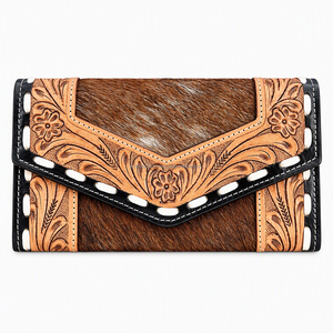 Western Tooled Hair-On Cowhide Leather Ladies <b>Wallet</b> | Handcrafted Floral Carved Long Clutch <b>Purse</b> - Product Image 1