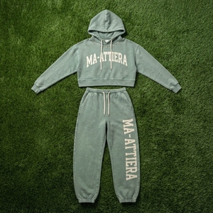 Custom Women Sage Green Acid Wash <b>Cropped</b> Hoodie <b>Jogger</b> Set Cotton Fleece Streetwear Tracksuit OEM Wholesale - Product Image 6