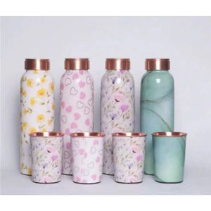 Custom Printed Pure Copper Water <b>Bottle</b> Set with Tumbler Glasses Premium Floral Printed Ayurvedic Copper <b>Flask</b> Pitcher <b>Bottle</b> - Product Image 1