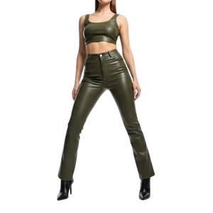 Pantalon tailleur de luxe pour femme, taille haute, coupe droite, en PU, effet peint, pour l'hiver - Product Image 1