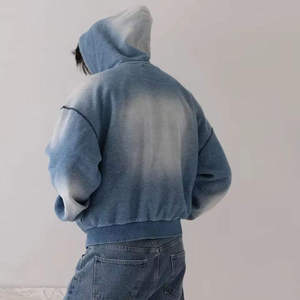 Sudadera con capucha de mezclilla lavada extragrande personalizada, de algodón grueso, con cremallera completa, estilo vintage, para moda urbana - Product Image 2
