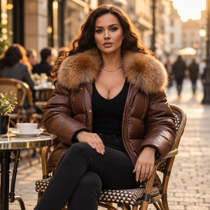 Veste matelassée en cuir véritable à carreaux pour femme, col en fourrure de renard amovible, 85 % duvet, 300g+, fermeture éclair, coupe-vent d'hiver, fine - Product Image 5