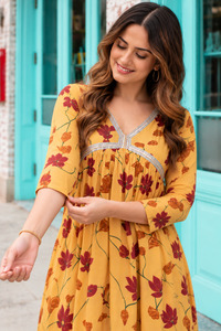 Floral Print V-Neck Midi <b>Dress</b> Three Quarter Sleeve Boho Style A-Line <b>Loose</b> Fit <b>Summer</b> Casual <b>Dress</b> - Product Image 3