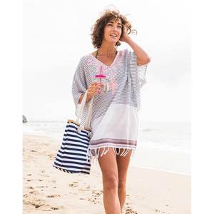 Vestido Kaftán Mini de Playa Tejido con Rayas Bohemias de Algodón Teñido en Hilo, Ecológico, con Cuello en V, Flecos, Transpirable y Asimétrico - Product Image 3