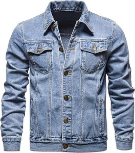 Veste en jean slim pour homme, couleur unie, décontractée, boutonnée, en coton tissé délavé, pour l'automne - Product Image 1