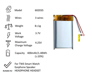 602035 แบตเตอรี่ลิเธียมโพลิเมอร์ <span class=keywords><strong>3</strong></span> สายแบตเตอรี่ทดแทน 400 มิลลิแอมป์แบตเตอรี่แบบชาร์จไฟได้สำหรับ TWS สมาร์ทวอทช์หูฟังลำโพง - Product Image 3