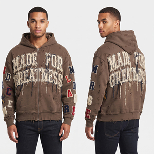Sweat à capuche zippé pour homme en molleton 550 g/m² à épaules tombantes, effet vieilli et brodé - Product Image 1