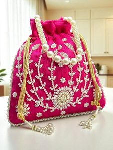 Sac Potli de Luxe Vert Sauge en Soie avec Broderie Florale Zari Dorée, Pochette à Cordon pour Femme, Mariage, Mariée, Sac de Soirée Ethnique - Product Image 5