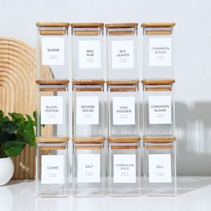 24X8 once di vaso di spezie in vetro borosilicato alto coperchio di bambù contenitore di condimento quadrato vuoto 72 etichette scritte a mano 20 stampate" - Product Image 3