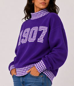Sweat-shirt à col roulé violet pour femme 1907, patchwork à carreaux, imprimé lettres, en polaire, style streetwear décontracté, pour l'automne - Product Image 3