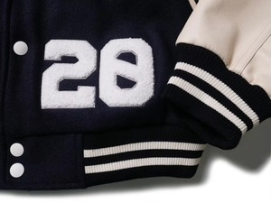 <b>Men's</b> Black <b>White</b> Genuine Leather Shell Windproof Winter Varsity <b>Jacket</b> 220g Cotton Lining Embroidery Single Button Closure - Product Image 6