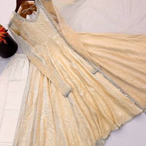 omens Fully Stitched Doremon Crush Gown Set with Real Mirror Work Lace Border Butterfly Net Dupatta Heavy Micro Cotton Pant Read - Product Image 5