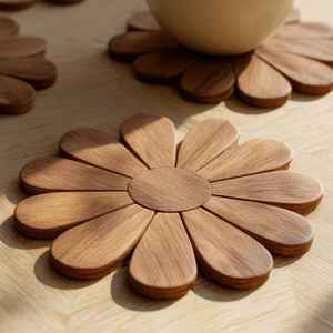 Juego de 6 Posavasos de Madera con Forma de Flor, Calidad Estándar, Nogal Negro, Diseño Artístico y Creativo para Decoración del Hogar - Product Image 1
