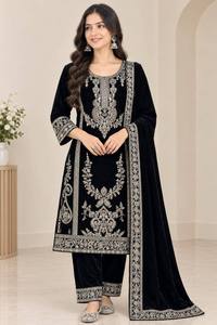 Ensemble indien pakistanais en velours noir brodé, sans plis, costume formel Anarkali, tenue trois pièces Salwar Kameez pour mariage - Product Image 3