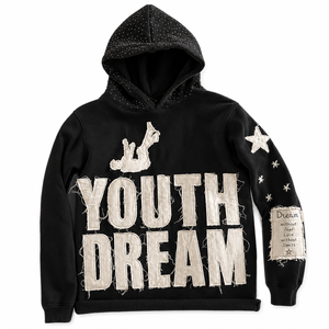 Sweat à capuche Ibex Youth Dream unisexe, surdimensionné, en coton, style streetwear, avec appliques et patchwork, noir avec des détails étoiles et strass - Product Image 1