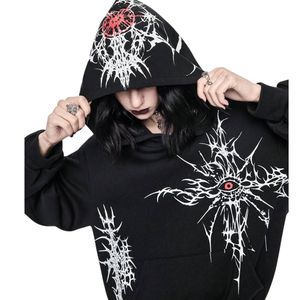 Sweat à capuche unisexe noir personnalisé, coupe oversize, avec motif œil rouge, en molleton épais, style gothique cyber streetwear - Product Image 1