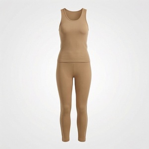 Ensemble 2 pièces pour femme : débardeur beige sans coutures et leggings, col rond, longueur intégrale, vêtements de yoga et de détente - Product Image 1