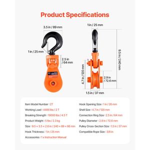 Blocco di sollevamento per impieghi gravosi da 2 tonnellate con gancio girevole, puleggia da 3 pollici, fune metallica da 3/8 di pollice, capacità di traino 4400 libbre - Product Image 2