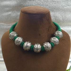 Handmade Oxidized <b>Silver</b> Beaded Statement Necklace, Green Thread Rope Chunky Tribal Necklace, Wholesale Bohemian Jewelry - Product Image 4