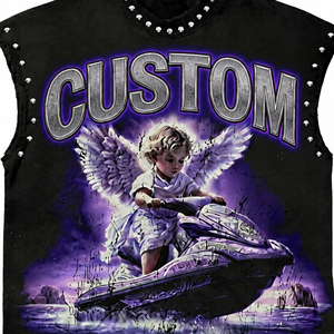 Débardeur en coton épais personnalisé, délavé vintage, avec imprimé graphique Grim Reaper clouté, style streetwear, sans manches, vierge - Product Image 4