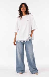 T-shirt ample en coton pour femme, coupe oversize, épaules tombantes, manches courtes, avec surpiqûres en dentelle, style mode toutes saisons, personnalisable, ton sur ton - Product Image 4