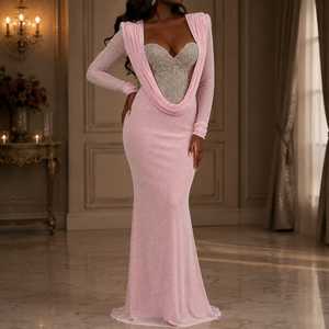 Robe de soirée sirène élégante pour femme en satin rose, ornée de cristaux et de strass, avec corset, col en V classique, longueur ras du sol et traîne drapée en queue de poisson - Product Image 5