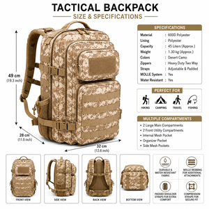 Sac à dos tactique imperméable 45L pour le camping, la randonnée et les activités de plein air - Product Image 2