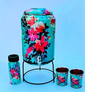 Distributeur d'eau en cuivre imprimé floral de qualité supérieure avec support en fer et gobelet assorti, réservoir en métal pur ayurvédique pour les bienfaits pour la santé - Product Image 2