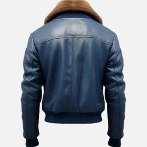 Men's Blue PU Leather Bomber <b>Jacket</b> With Faux Fur Collar Windproof Moto Biker Style <b>Winter</b> <b>Jacket</b> Regular Fit Zipper Closure - Product Image 5