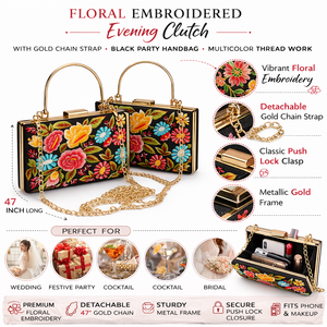 Pochette de soirée brodée florale avec chaîne dorée, sac à main noir pour mariage et occasions festives - Product Image 6