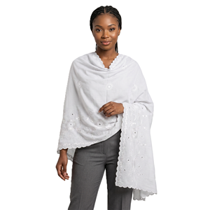 Wholesale Women Cotton Voile Shawl White Floral Embroidered Scalloped Edge Lightweight Soft Breathable Hijab Long Wrap Daily - Product Image 1