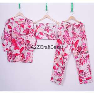 ชุดนอนผ้าฝ้าย 100% สำหรับผู้หญิง ลายดอกไม้พิมพ์ดิจิทัล ชุดเจ้าสาว ชุดเพื่อนเจ้าสาว เอวยางยืด แขนยาว - Product Image 1