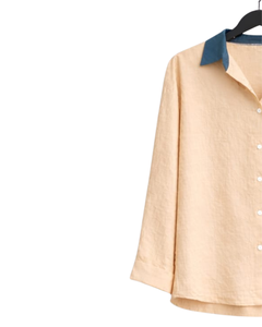 Conjunto de dos piezas para mujer, camisa beige y pantalones anchos azules, conjunto informal de algodón y lino, ropa de verano con bolsillo bordado - Product Image 3