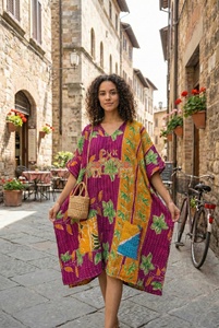 Most Selling Indian Handmade 100% Cotton Vintage Kantha Quilted <b>Kaftan</b> for Women Midi Length Dress - Product Image 4