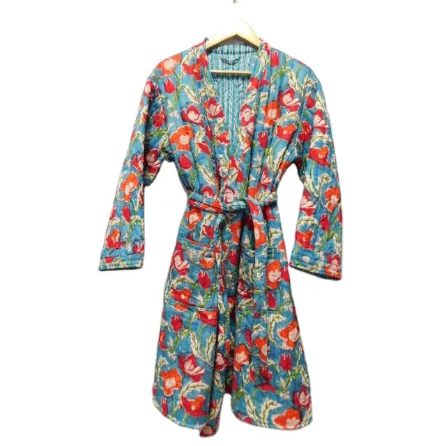 Cotton Quilted Kimono Dress Hand Block Floral Printed Women Winter Night Wear Jacket