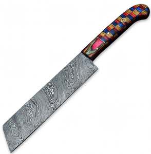 Cuchillo Utilitario de Acero de Damasco Hecho a Mano con Mango de Madera Multicolor en Mosaico, Herramienta de Cocina - Product Image 1
