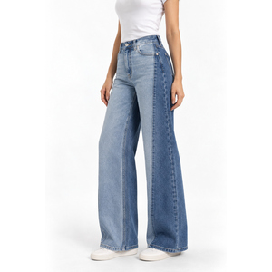 Jean en denim vintage taille haute bicolore à jambe large pour femme - Délavage moyen avec logo brodé XS-XL - Product Image 3