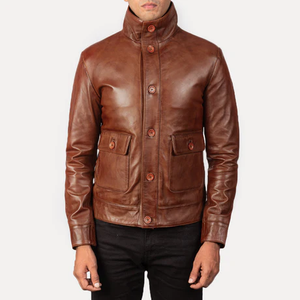 Trex Exports Fashionable Stylish New Streetwear Mens <b>Brown</b> <b>Leather</b> <b>Jacket</b> Stand Collar Custom Made Full Sleeves - Product Image 3