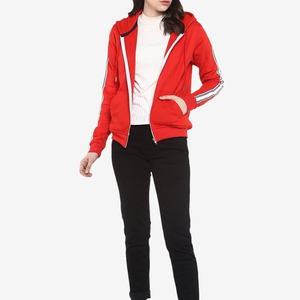 Custom <b>Women's</b> <b>Red</b> <b>Zip</b> <b>Up</b> <b>Hoodie</b> Side Striped Sleeve Full <b>Zip</b> Sweatshirt Tonal Drawstring Athletic Sportswear Top Wholesale OEM - Product Image 5