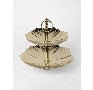 <b>Two</b> <b>Tier</b> Gold Metal <b>Cake</b> <b>Stand</b> With Ring Handle Handmade Flower Shape Dessert Server Use For Cupcake Serving <b>Cake</b> <b>Stand</b> Decor - Product Image 1