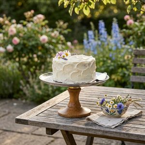 Support à gâteau en forme de rose fait main en acier inoxydable SS304, 28 cm, en acier poli et bois, sûr pour les aliments, piédestal en bois de mangue Vanya, décoration d'intérieur, table de mariage - Product Image 2