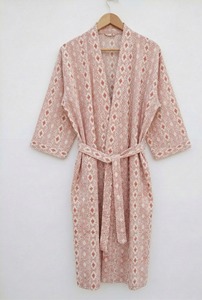 Hand Block Print Cotton Kimono Robe Women Soft Stand Collar Luxury Nightgown All Season Lounge Wear - Product Image 3