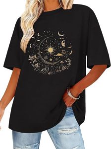 Camiseta Negra Holgada para Mujer con Estampado Celestial Dorado, Hombros Caídos, Manga Corta, Cuello Redondo, Estilo Bohemio, Top de Verano - Product Image 4